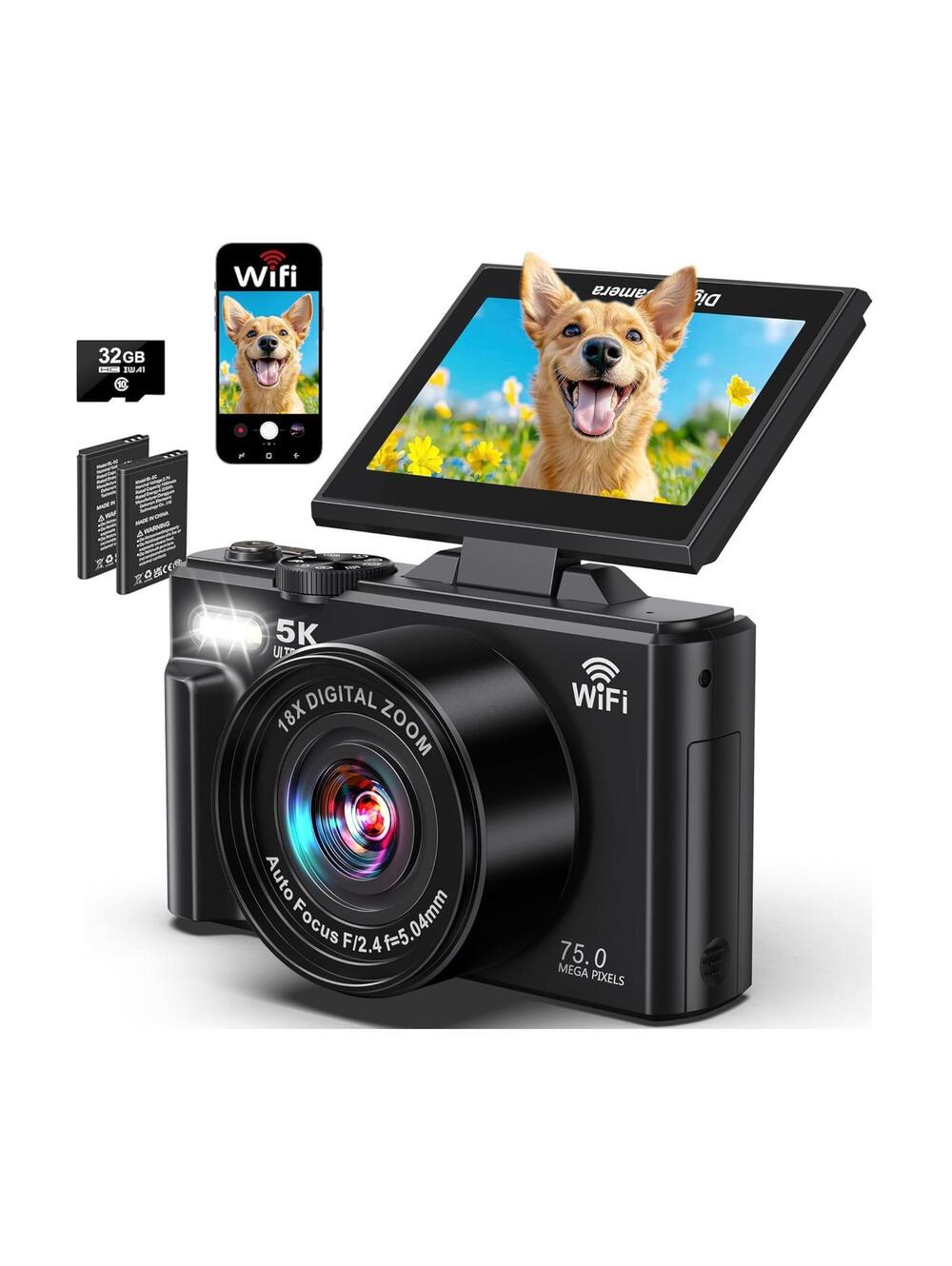 5K Digital Camera 75MP WiFi Photography UHD Autofocus Vloging Camera for YouTube